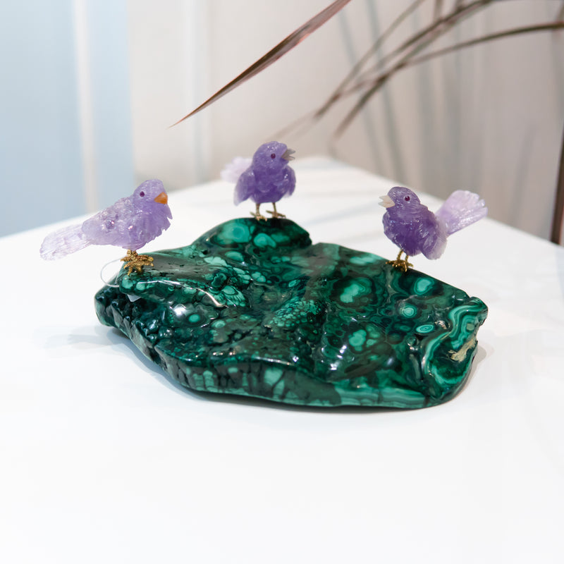 Three Amethyst Birds with Malachite Base