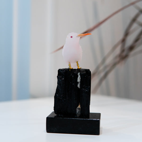 Rose Quartz Hummingbird with Tourmaline Base
