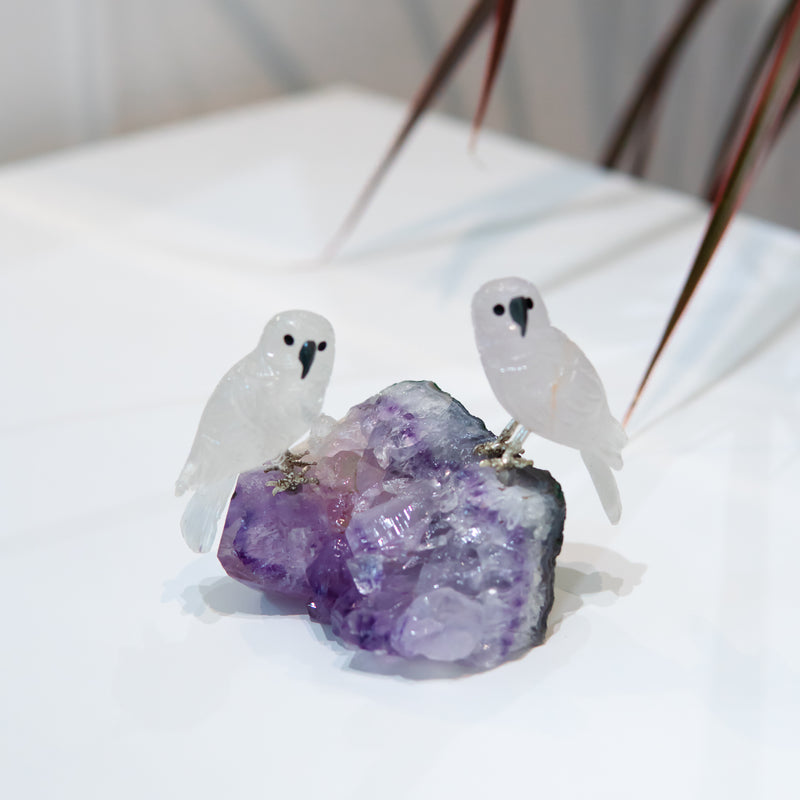 White Crystal Owls with Amethyst Base