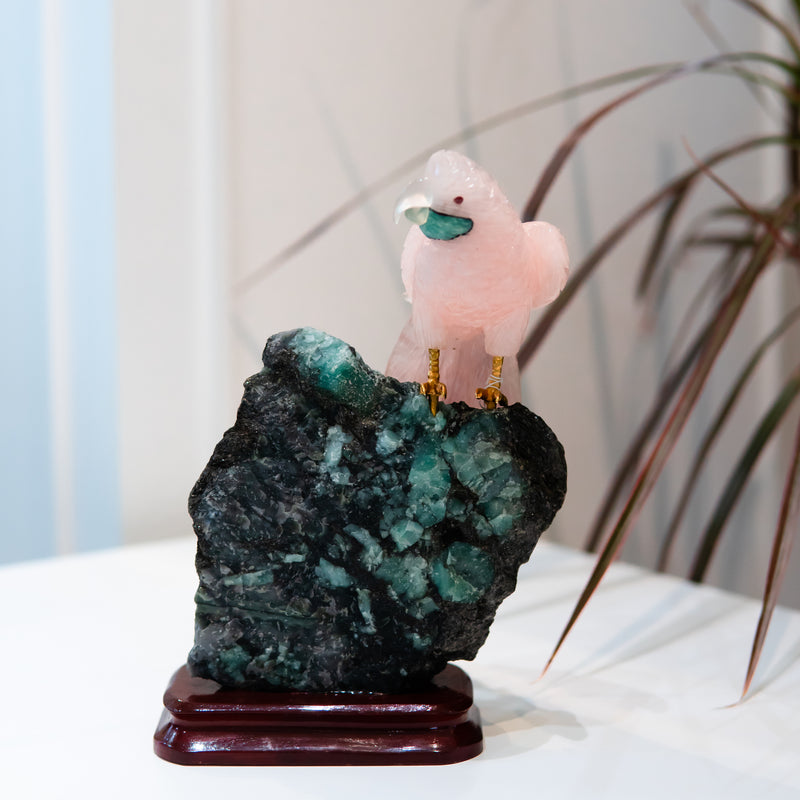 Rose Quartz Macaw with Emerald Base