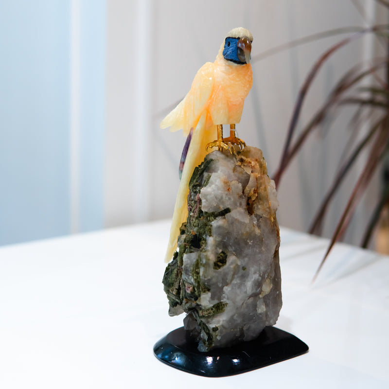 Yellow Calcite Macaw with Tourmaline Base