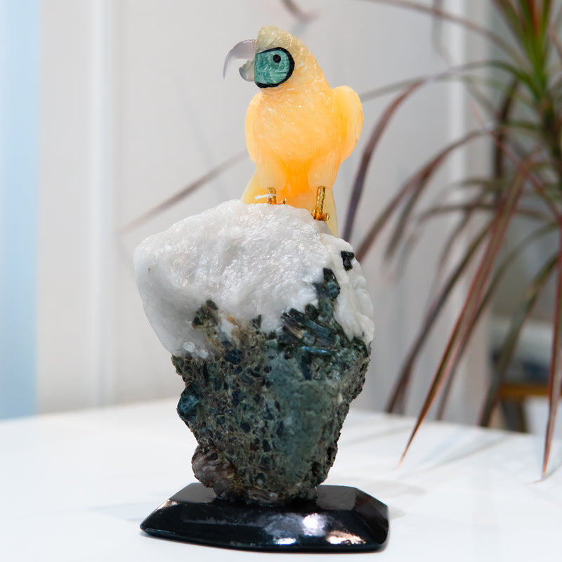 Yellow Calcite Macaw with Tourmaline Base