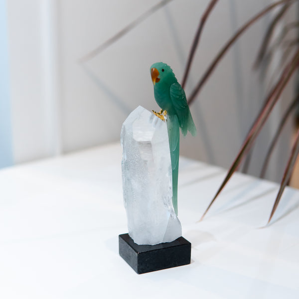 Green Quartz Macaw with White Crystal Base