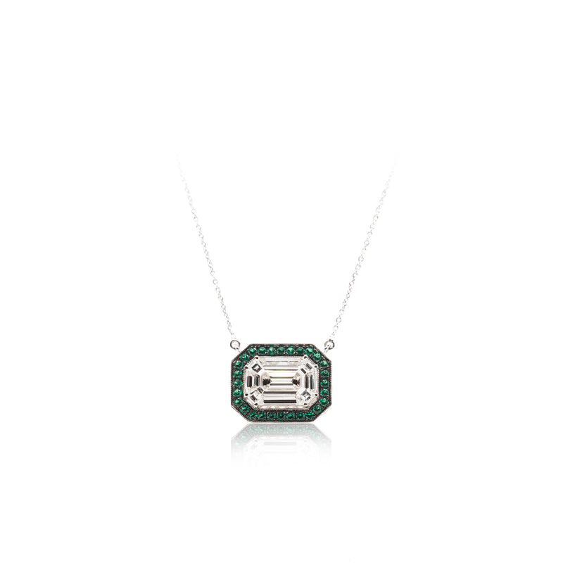 Illusion Emerald Diamond with Emerald Halo Necklace