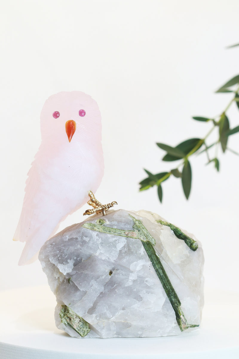 Rose Quartz Owl with Tourmaline Base